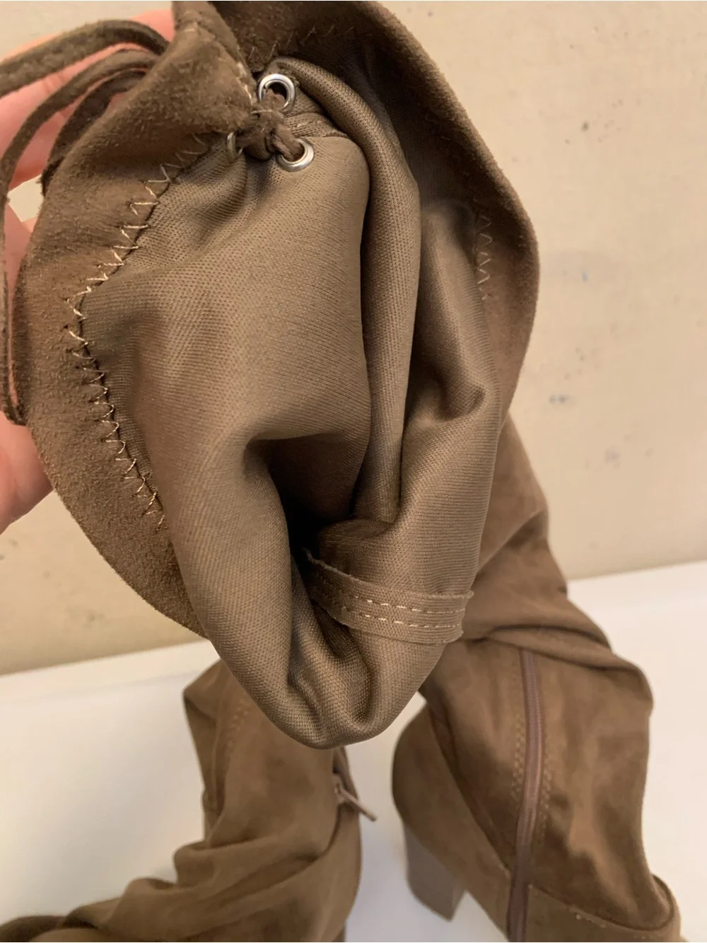 Tall Tan Suede Platform Boots  - Women's Thigh-High Heels, Size 7.5